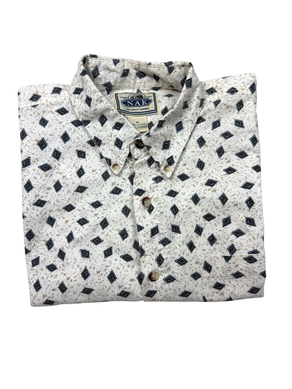 NAK White Button-Down Shirt with Navy Diamond Print